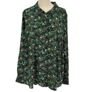 NWT On 34th Black, Teal, & Pink Sheer Button Up Top w/ Bird & Floral Pattern 2X